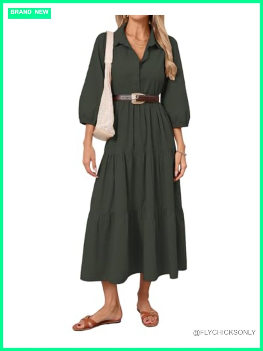 Women Button Down Maxi Shirt Dress 3/4 Sleeve Tiered Collared